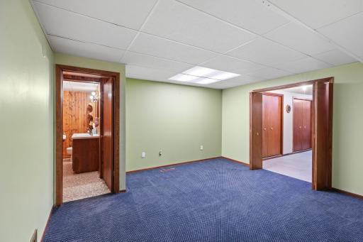 Lower level office space with view to family room and 3/4 bath.