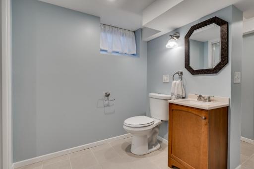 Updated lower level bathroom with extra large storage space