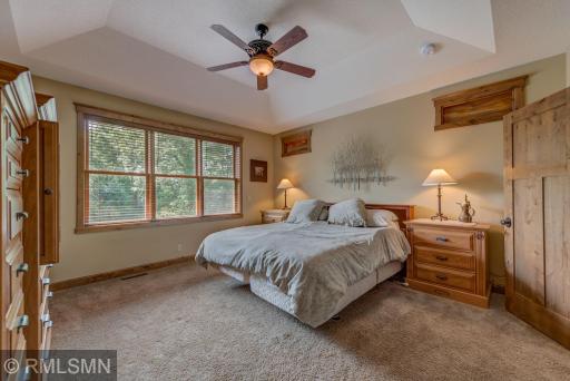 Owner's suite with a tray vaulted ceiling, ceiling fan, and plenty of natural light.