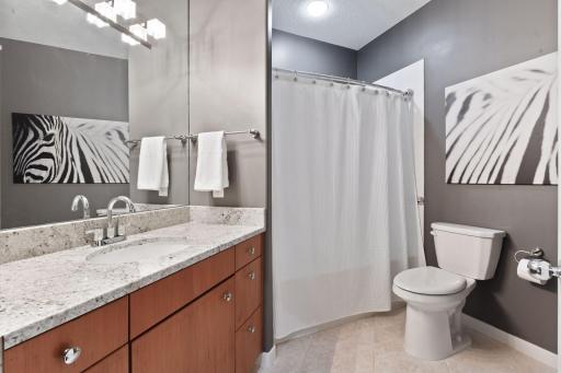 The full hall bathroom offers a comfort height vanity with upgraded granite countertops and fixtures.
