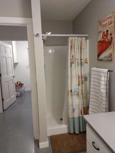Shower in the 3/4 main level bathroom, with entrance off kitchen from left, and straight ahead to laundry room.