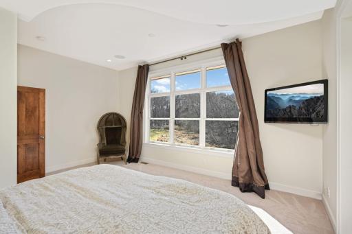 The primary bedroom features large windows for natural light and country views.