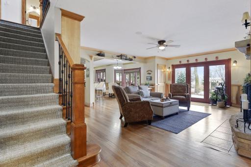 Stairs to the lower level. What a great space to entertain lakeside family or guests. Cozy with all amenities you would expect.