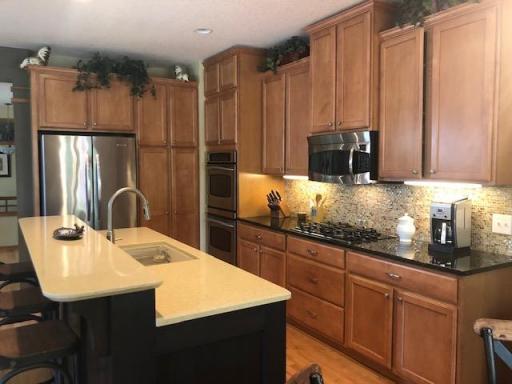 SS appliances, granite and tile backsplash.