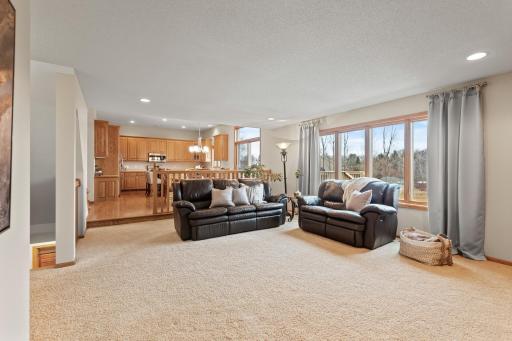 Main level family room offers neutral carpet, fresh paint and awesome backyard views!