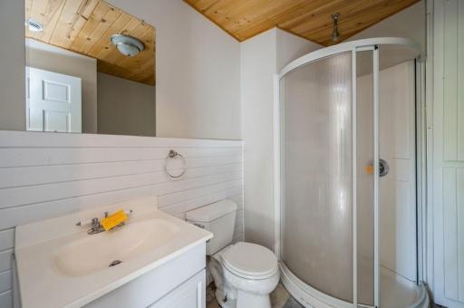 Basement bathroom with wood detail on the ceiling