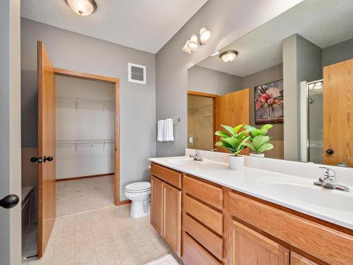 Owner's suite features walk-in shower, jetted soaking tub, double sinks, and large walk-in closet.