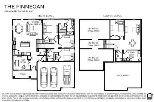 The Finnegan plan featuring 4 bedrooms, 4 bathrooms, a main floor flex room and a finished lower level with family room, bedroom and bath.