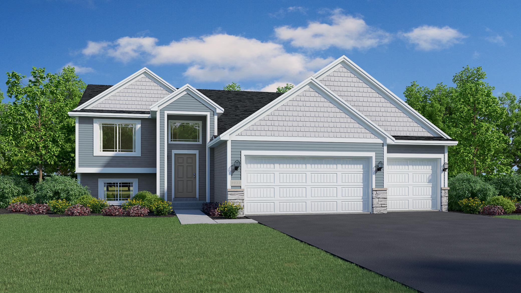 Exterior rendering showcases the color scheme. Features include an unfinished walkout lower level, Pella windows, stone accents, sod, irrigation system, and front yard landscaping. Rendering material detail & finishes will vary.