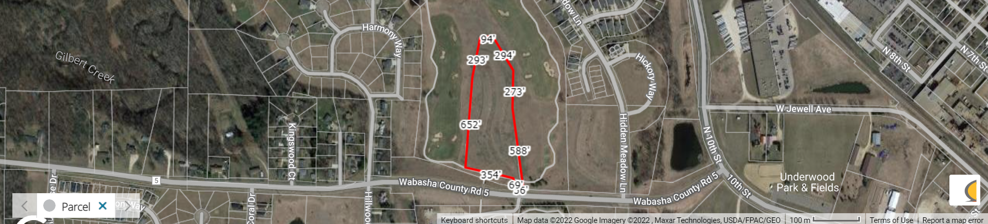 Property dimensions are highlighted. Wabasha Cty Rd 5 located at the bottom of the picture