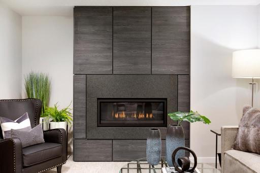 Modern style fireplace with beautiful wall paneling and granite surround.