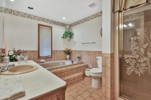 Master bathroom with separate tub and walk-in shower. Ceramic floors and surround.