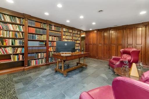 Lower Level Library Desk and Built In Book Shelves