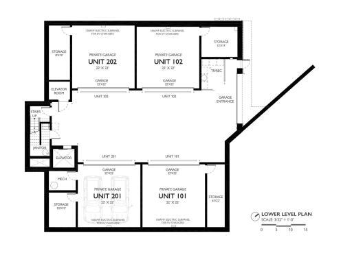 Garage Plan - each unit has their own individual 2-car garage with overhead door, plus a storage room. Subpanel for EV Charger. Stairs take you to the first floor. Elevator, with secured access, opens into the lobbies and Residence 101 and 201.