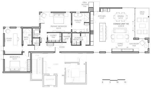 Residence 102 offers 3 bedrooms, and 2.5 baths, and features a grilling alcove directly off the kitchen.