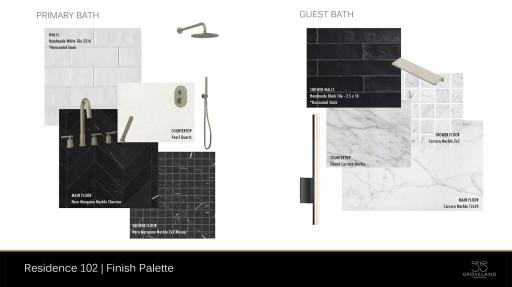 Residence 102 - Primary Bath and 3/4 Guest Bath Palette. Primary includes a stunning Amulet pattern floor of Nero Marquina in a Chevron pattern