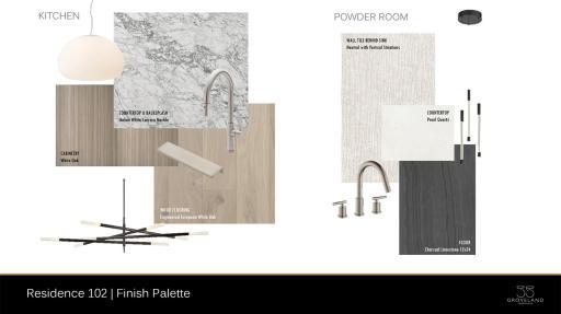 Residence 102 - Finishes selected by Martha Dayton Design. Kitchen features waterfall edge island and backsplash with Italian White Carrara Marble, and White Oak Cabinetry.