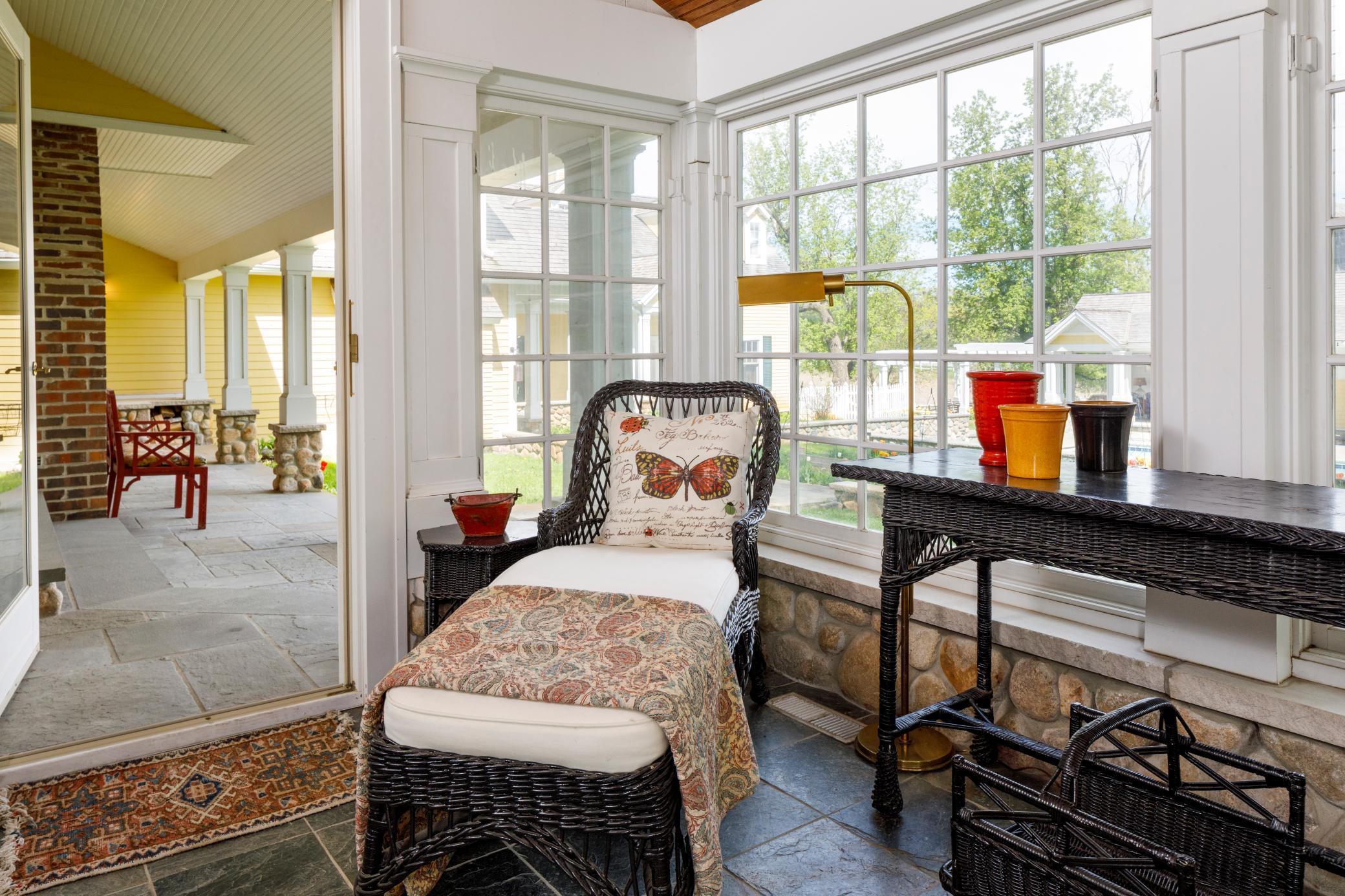 Step out onto blue stone terrace.