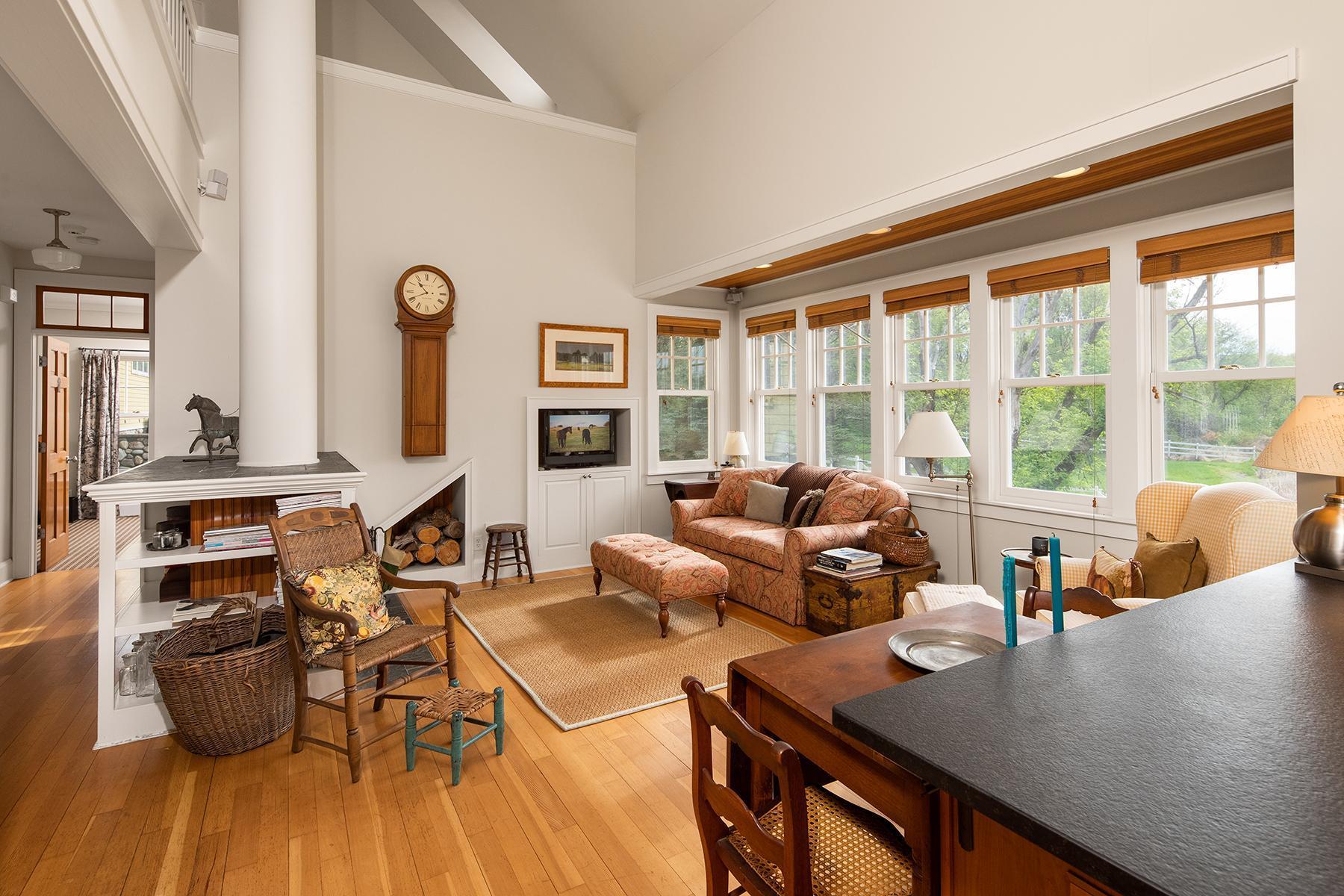 Main level guest house: Open living room, informal dining and kitchen with two story ceilings and views of wetlands and a pond bordering Krieg Lake.