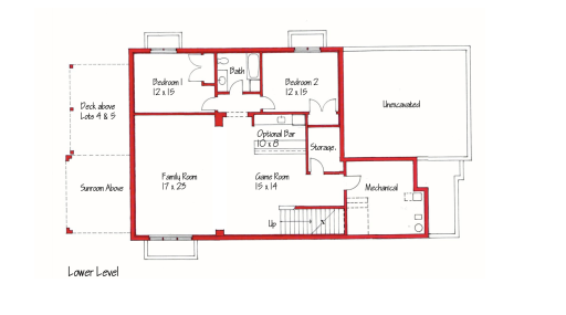 Lower level floor plan layout. Conceptual, but not entirely restricted to customizable options.