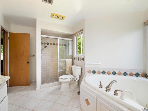 Master bath has separate shower, jacuzzi tub, double sinks, and linen cabinet