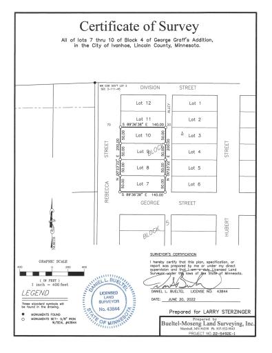 Certificate of Survey of Lots 7-8-9-10 of Block 4 of George Graff's Addition - Ivanhoe MN.