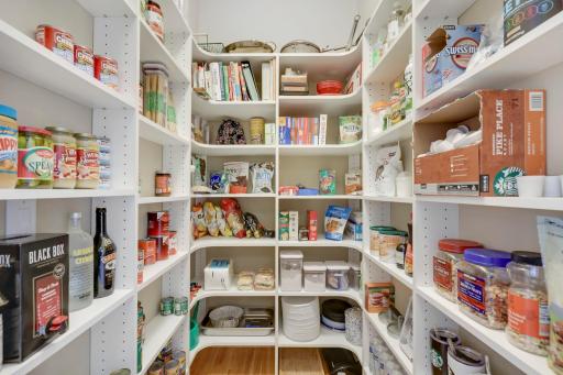 Need to store lots of goodies? Huge walk-in pantry with custom shelving.