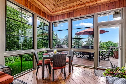 The vaulted porch features richly appointed Mangaris wood floors, access to the deck and premium EZ Breeze vinyl windows.
