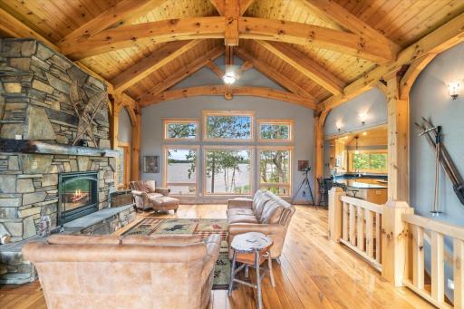 great room with hand cut White Pine Timber Frame