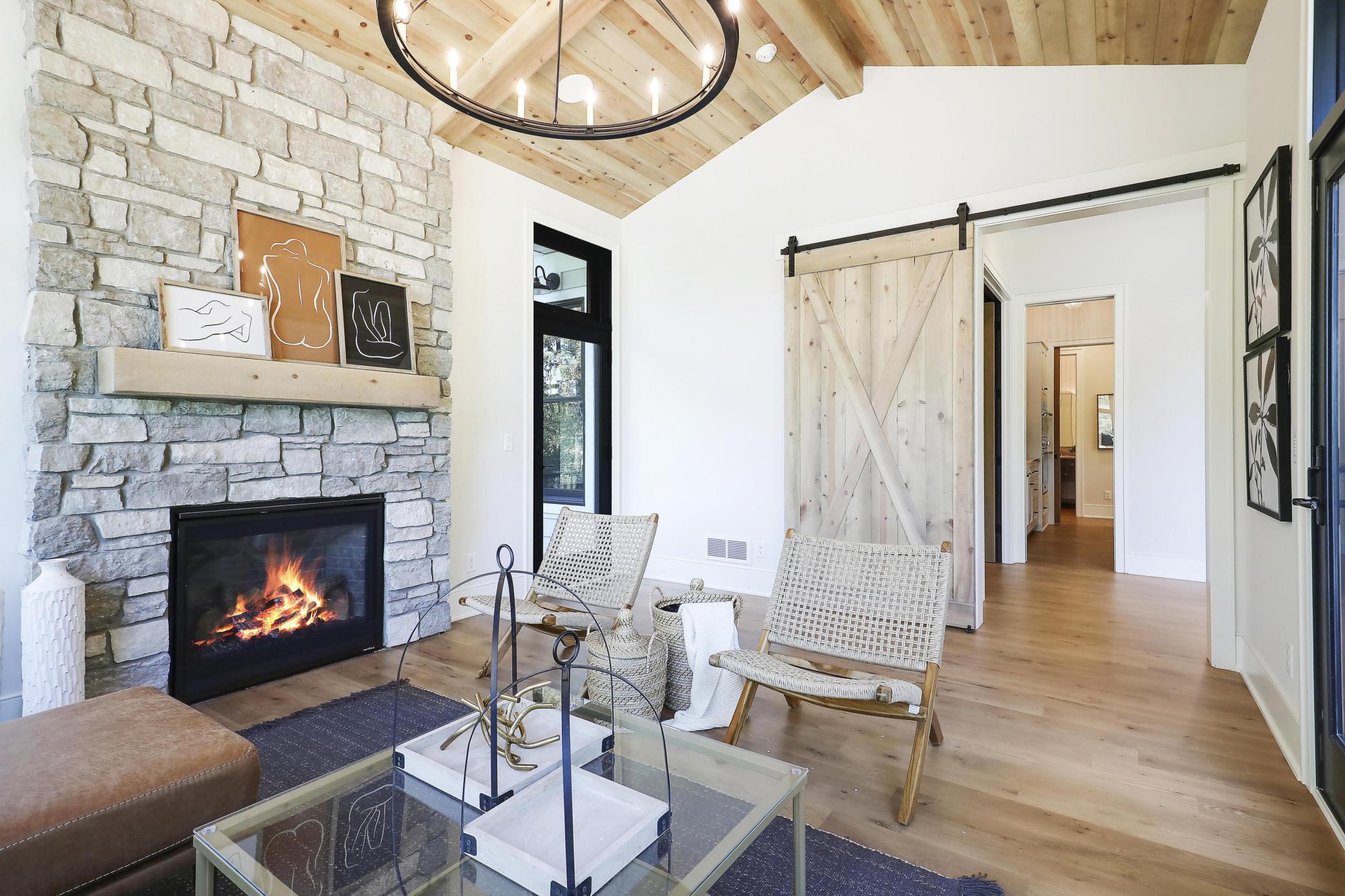 Gas Fireplace, Vaulted Wood Ceiling & Barn Door Features