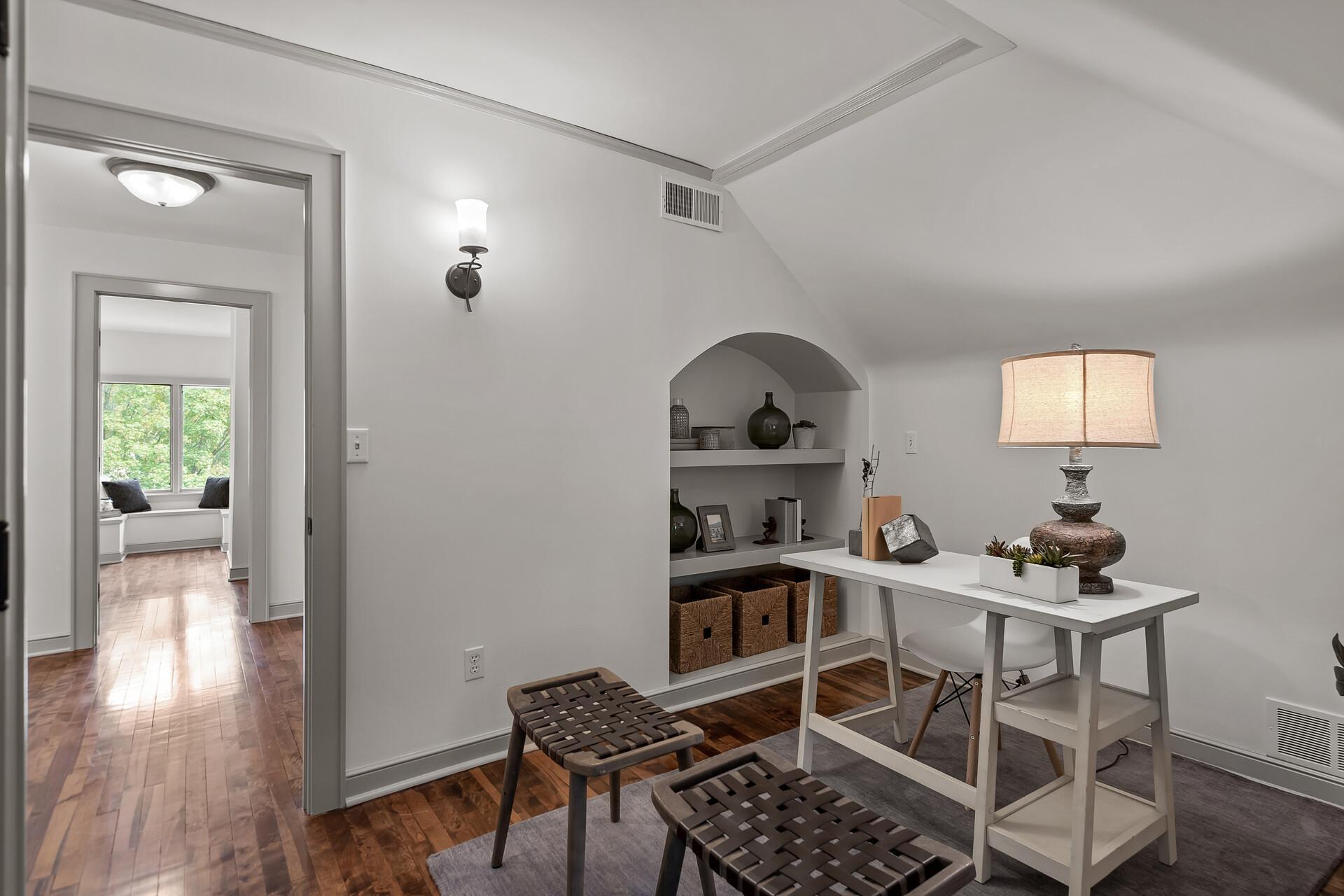 Bedroom #6 with built-in bookshelf.