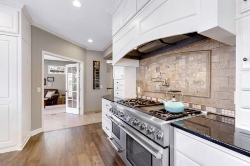 Pot filler faucet installed over the Thermador 48" gas range w/ cabinet paneled Vent-A-Hood