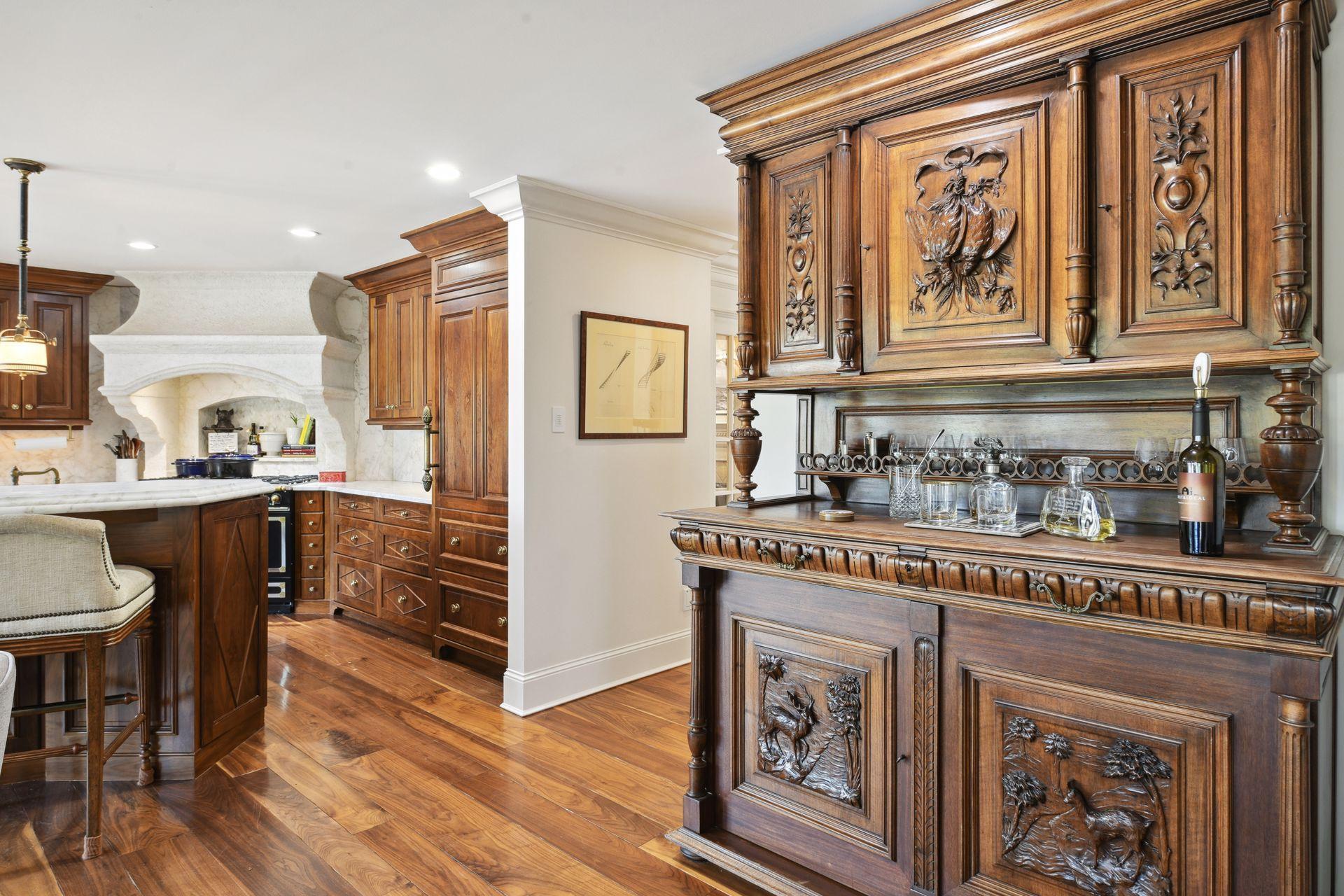 Antique Hutch Fitted with Sub-Zero Beverage Center, Wine Refrigerator, Beverage Drawer and Freezer Drawer
