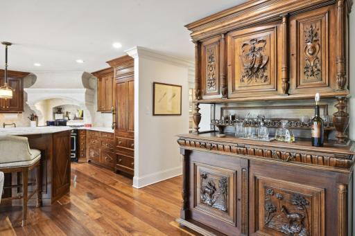 Antique Hutch Fitted with Sub-Zero Beverage Center, Wine Refrigerator, Beverage Drawer and Freezer Drawer