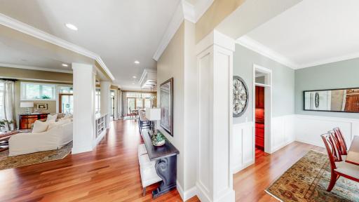 Entry way of home with Brazilian walnut hardwood floors. Marvin windows throughout home all with new Hunter Douglas remote control window coverings