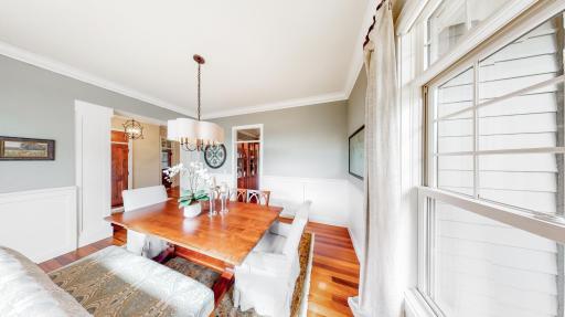 White enamal crown molding, millwork & chair railing
