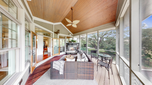 View of inside of home, the back pool & recreational area, as well as the golf course