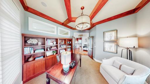 New light fixture in office. Three transom windows & French doors