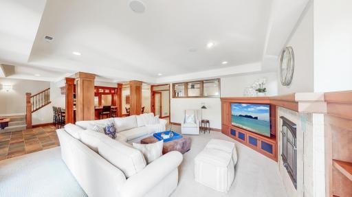 Cherry wood built-ins with home stereo surround