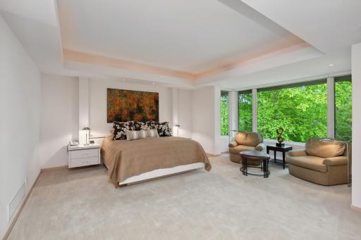 An opulent owner suite is tucked to the left of the foyer with peaceful views of trees and nature at the siting area with a lovely picture window.