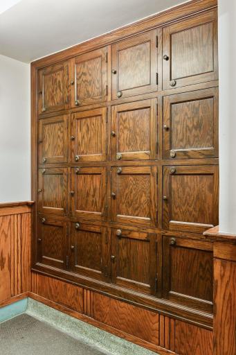 Original delivery cabinets outside of the building garage entrance.