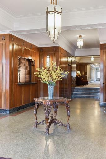 Marble accents and walnut walls.