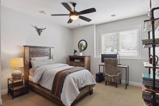 5th bedroom in lower level. Built in shelving stays with home. Ceiling fan.