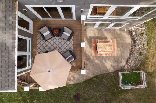 Aerial view of deck and patio in the fall