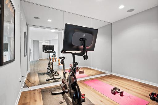 Just the right size exercise room with mirrored wall.