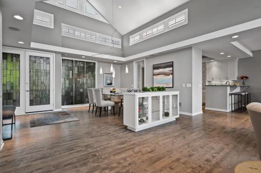 Entry and dining feature glass panel window coverings