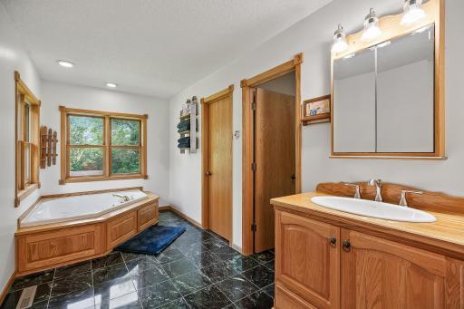Master bath with corner whirlpool tub