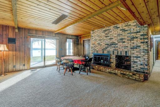 Amusement room with woodburning Fireplace