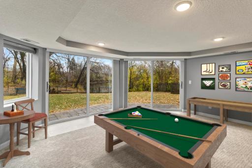 Rec room/ game room with abundant natural light and pond views - basement
