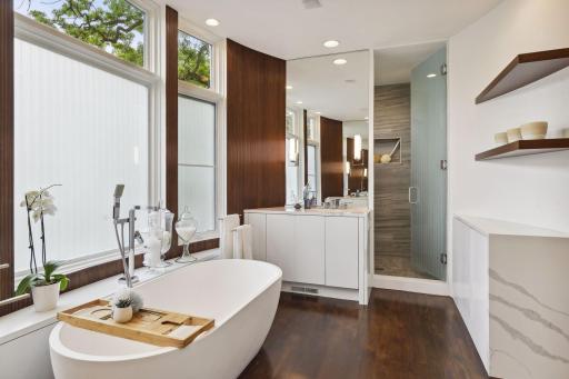 One of the two sink areas and the step in shower beyond.